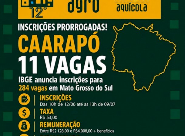 IBGE prorroga inscrições para processo seletivo com 11 vagas em Caarapó