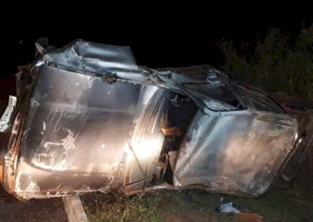 Dois ficam feridos após caminhonete atropelar anta e capotar
