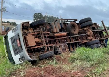 Em aquaplanagem, condutor perde controle e tomba caminhão carregado de feijão
