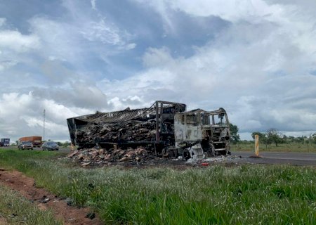 Caminhão carregado com 29 toneladas de carne pega fogo na MS-306
