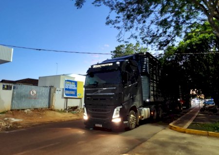 Carreta boiadeira fica presa por fios ao trafegar em avenida na área central de Caarapó