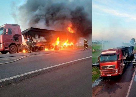 Carreta carregada de ferro pega fogo em Aquidauana (vídeo)